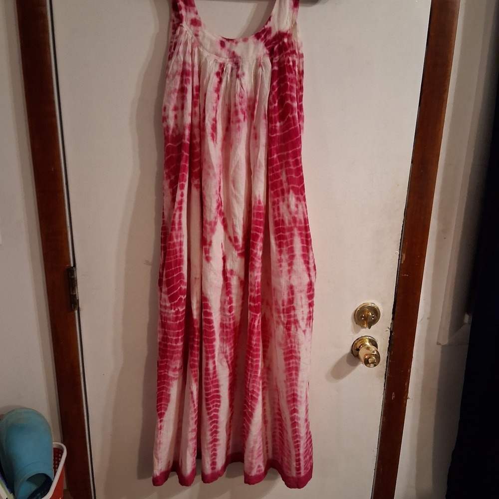 Hippie Boho Tye Dye Embroidered Sundress OSFM Magenta White NF Free Size EUC